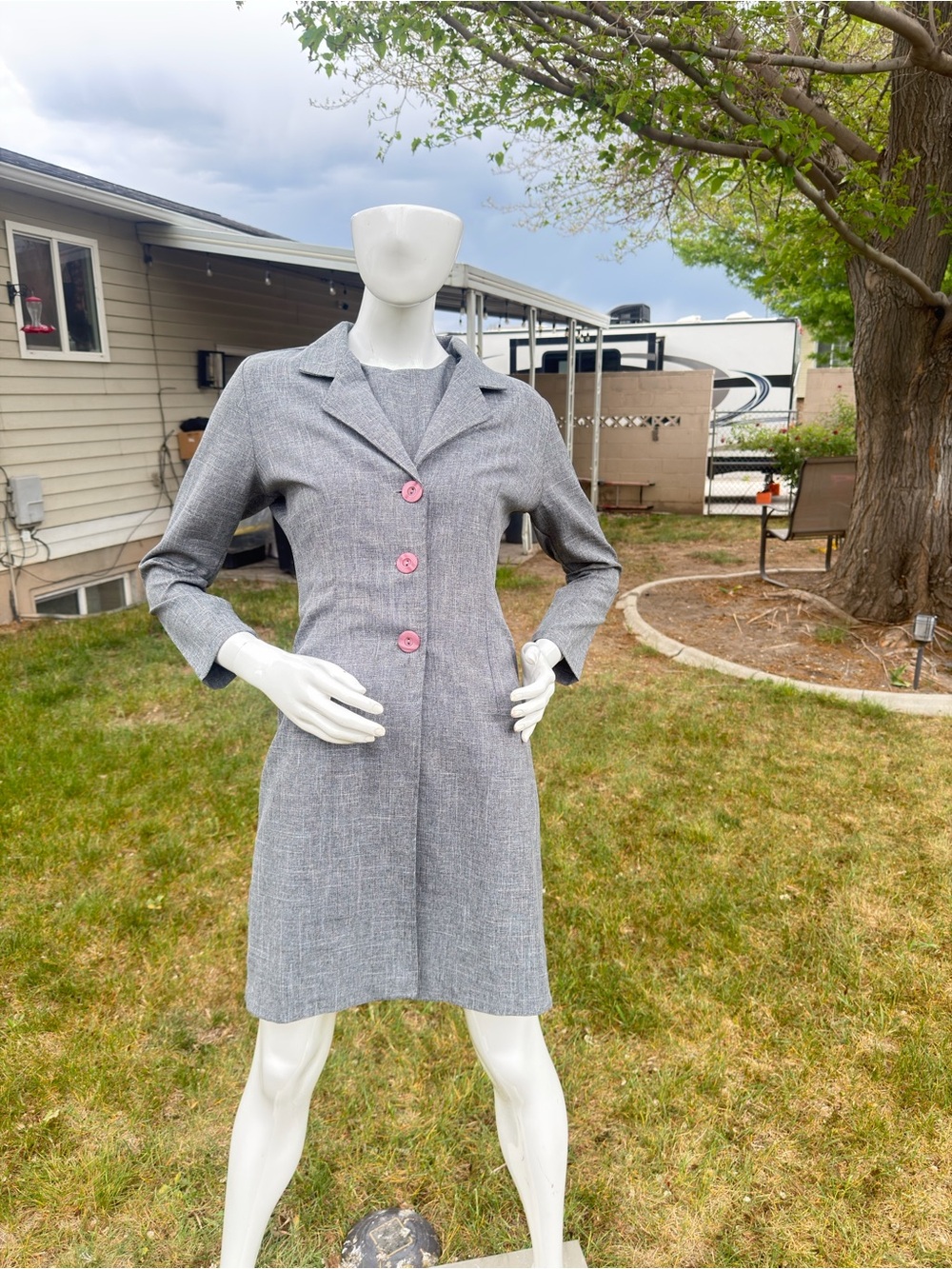Gray Women's Long Blazer Coat with Pink Buttons